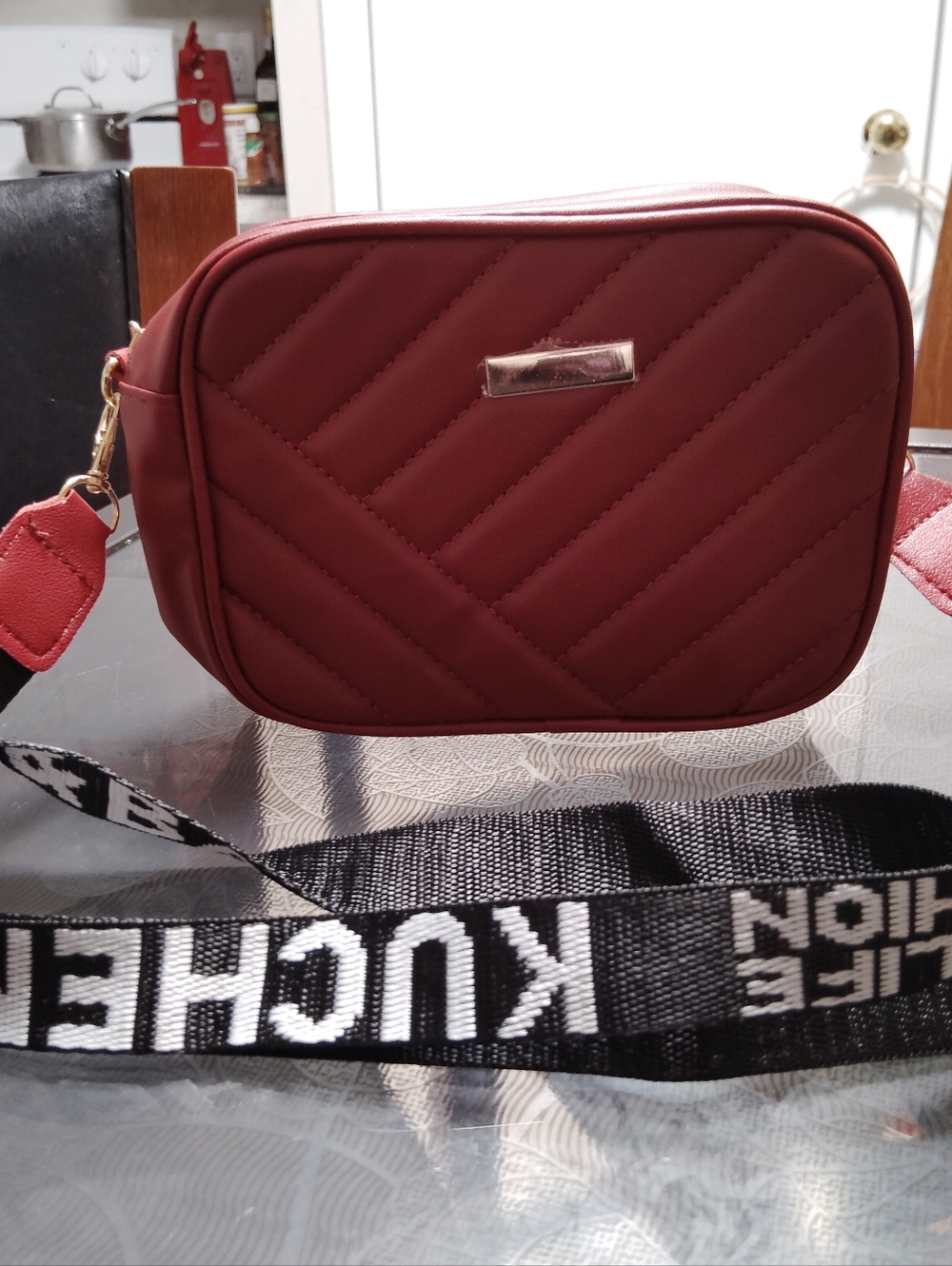 Quilted Burgundy Crossbody Bag with Branded Strap - Picture 4 of 6